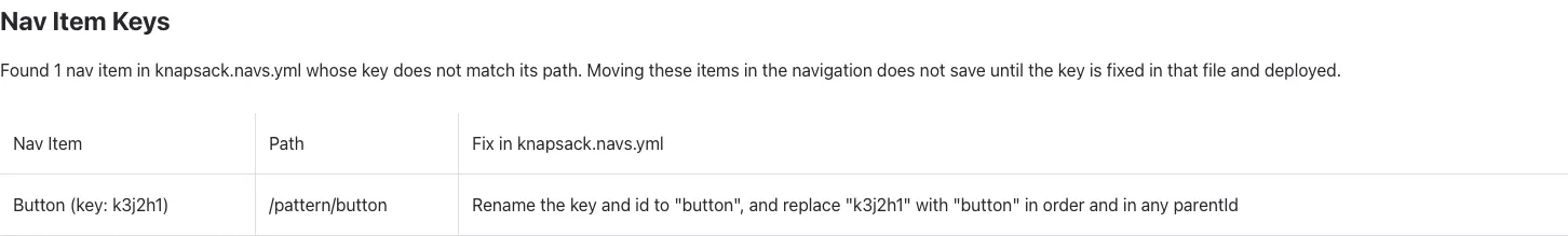 The Nav Item Keys section listing a Button nav item stored under the key k3j2h1